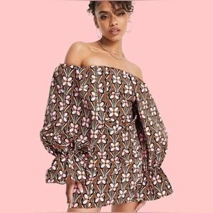 ASOS Luxe Extreme Sleeve Floral Mini Dress Pink Off Shoulder Belted Size 14